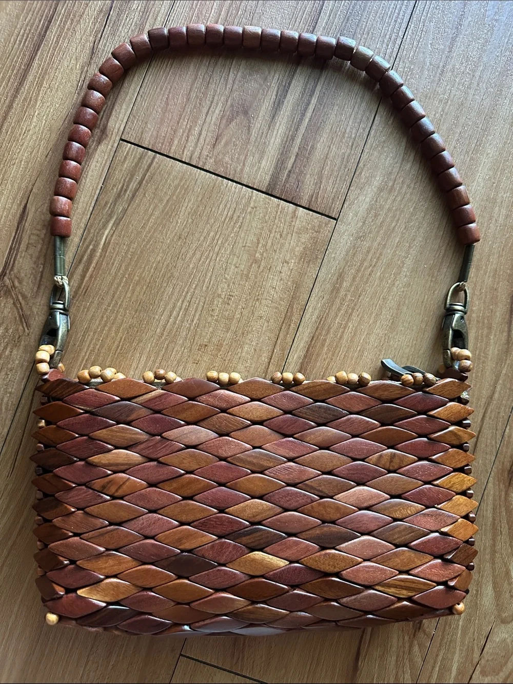 Woven Wooden Bead Shoulder Bag in Brown - Picture 2 of 5